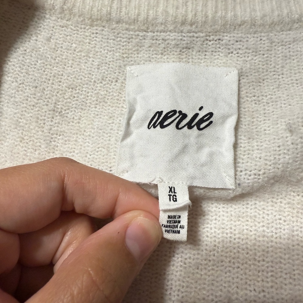 Aerie Oversized V-Neck Sweater - Cream and Navy Blue Stripes - Picture 3 of 7